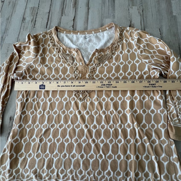 Charter Club Women’s Tan White Geometric Cotton 3/4 Sleeve Blouse Medium - Picture 3 of 7